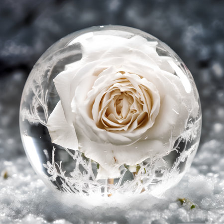crystal ball with white rose on snow background, close-upの素材