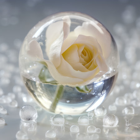 White rose in a crystal ball with water drops on a white backgroundの素材