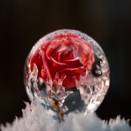 Red rose in crystal ball on white snow. Close-up.の素材