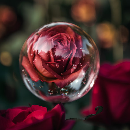 Beautiful red rose in a crystal ball with water drops. Selective focus.の素材