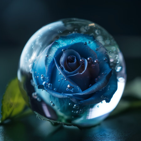 Beautiful blue rose in a crystal ball with water drops on itの素材