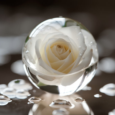 White rose in a crystal ball with water drops on a dark backgroundの素材
