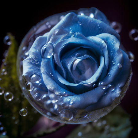 Blue rose with water drops on dark background. Close-up.の素材