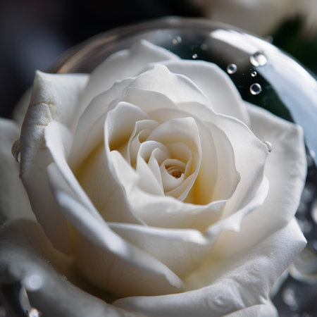White rose in a glass ball with water drops on a dark backgroundの素材