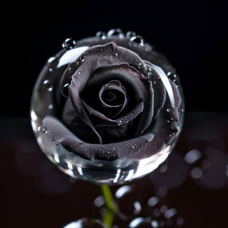 Black rose in a glass with water drops on a black background.の素材