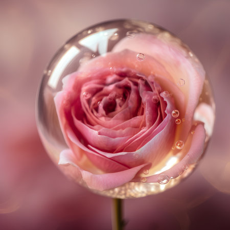 Beautiful pink rose in a crystal ball on a blurred background.の素材