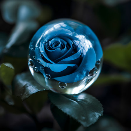 Blue rose with water drops in a glass ball on a dark backgroundの素材