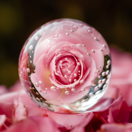 crystal ball with pink rose on bokeh background, close upの素材