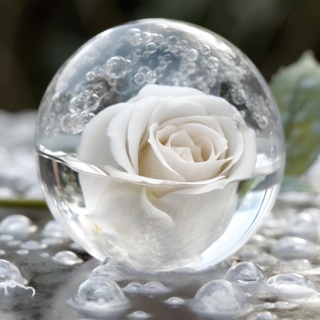 White rose in a crystal ball with water drops on a dark backgroundの素材