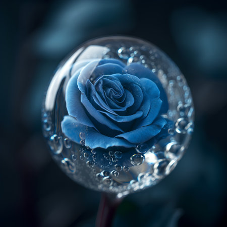 Blue rose in a glass ball with water drops on a dark backgroundの素材
