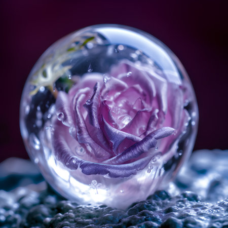 Transparent crystal ball with purple rose on a dark background close upの素材