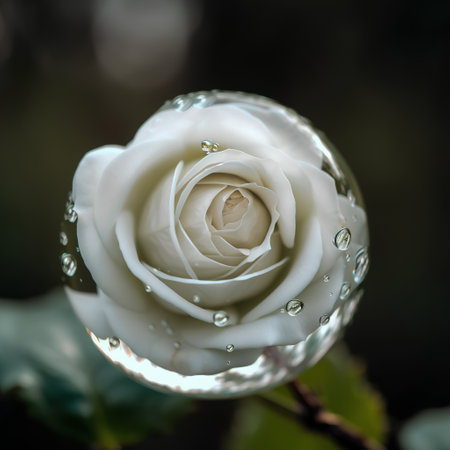 Beautiful white rose with drops of dew on the petalsの素材
