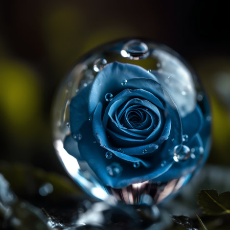 Blue rose with water drops in a crystal ball on a dark backgroundの素材