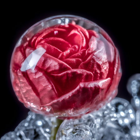 Close up of a red rose in crystal ball on black background.の素材