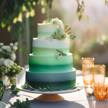Wedding cake with white flowers on a table in the gardenの素材