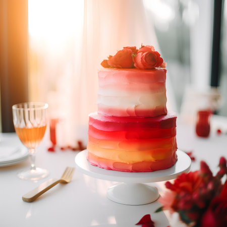 Wedding cake decorated with red roses on a white table.の素材