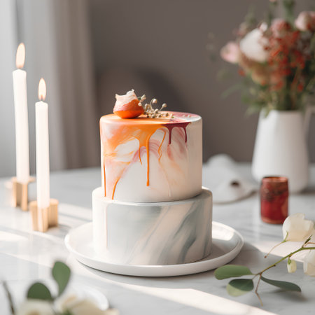 Wedding cake with orange and white icing on the table.の素材