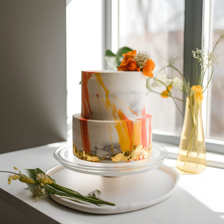 Wedding cake with orange and yellow flowers on a white tableの素材