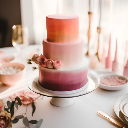 Wedding cake with pink and white flowers on the table.の素材