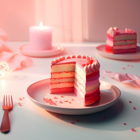 Piece of cake with red cream on a white plate with a burning candle.の素材