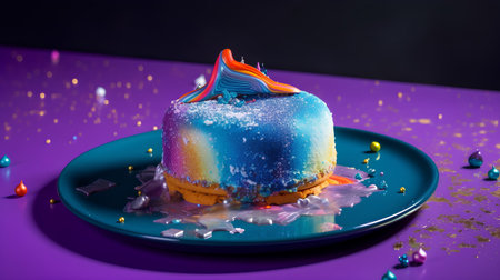 birthday cake with colorful icing on a blue plate on a purple backgroundの素材