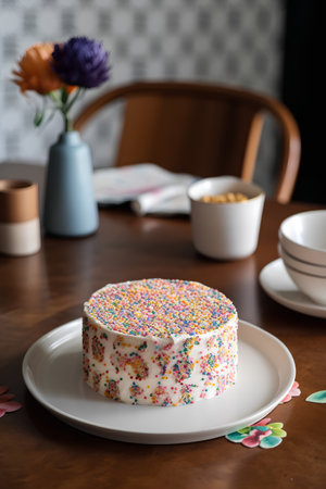 Cake on a white plate with a cup of coffee on the tableの素材