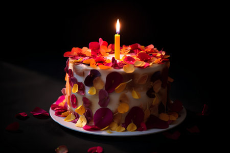 Birthday cake decorated with rose petals and burning candle on black backgroundの素材