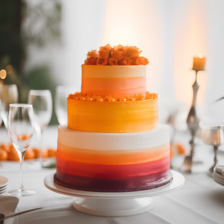Wedding cake decorated with roses and candles on the table.の素材