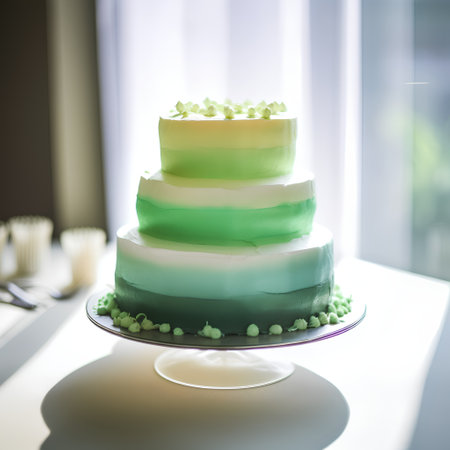 Three-tiered wedding cake with green frosting on a white backgroundの素材
