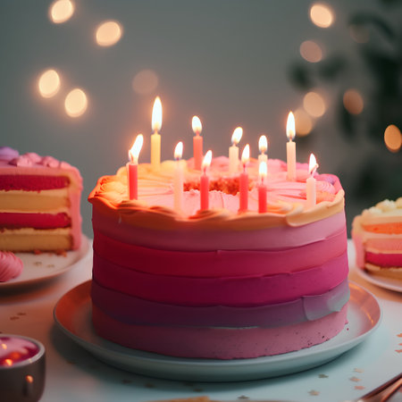 Birthday cake with burning candles on table against blurred lights, closeupの素材