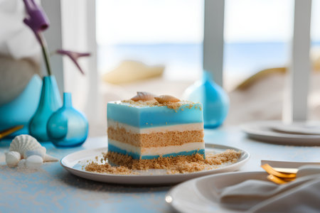 A piece of cake with cream and seashells on a blue backgroundの素材