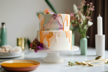 Wedding cake decorated with flowers and candles on a white tableの素材