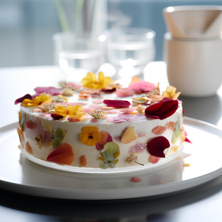 Cake with flowers on a white plate. Selective focus.の素材