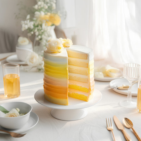 Delicious wedding cake on table, closeup. Luxury celebrationの素材