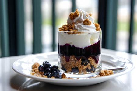 Blueberry yogurt parfait with granola and whipped cream in glassの素材