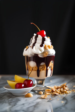Chocolate trifle with whipped cream and cherry in a glass on a dark backgroundの素材