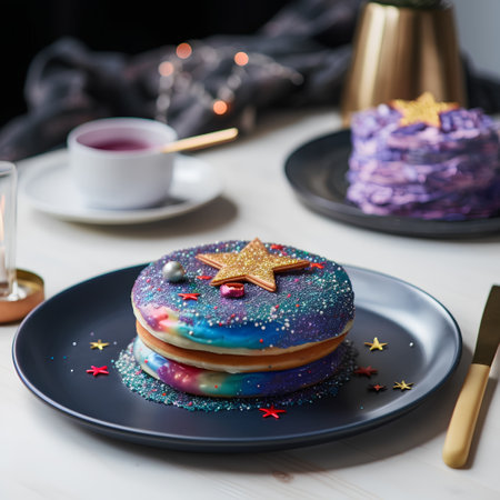 Homemade donuts decorated with glaze and stars on a black plateの素材