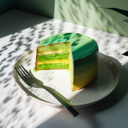 Green tea cake on a white plate with a fork on a green backgroundの素材