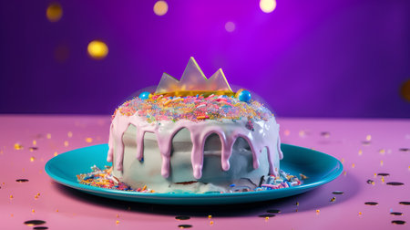 Birthday cake with a burning candle on a purple background with confettiの素材