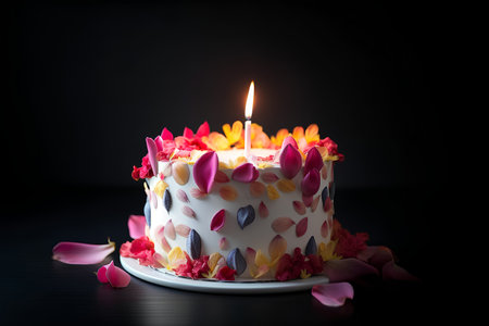 Birthday cake with flower petals and burning candle on black backgroundの素材