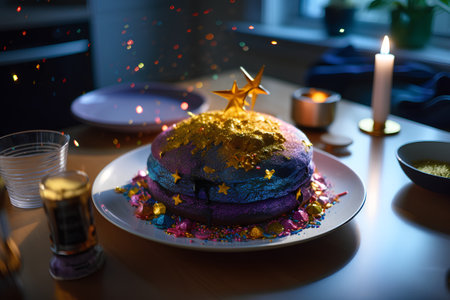 Birthday cake decorated with golden stars and confetti on a wooden tableの素材