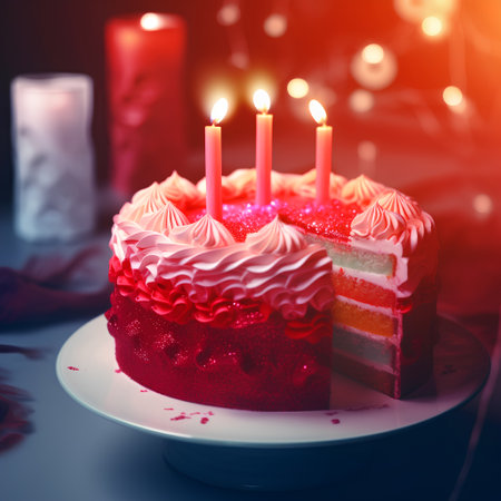 Birthday cake with burning candles on a dark background. Toned.の素材