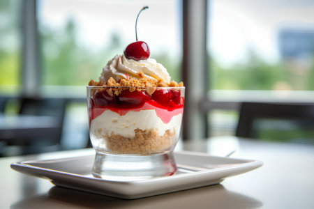 Dessert with cherry on top in a glass on the table.の素材