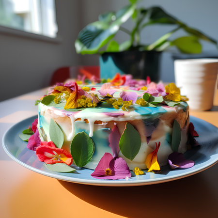 Birthday cake decorated with flowers on a plate. Selective focus.の素材
