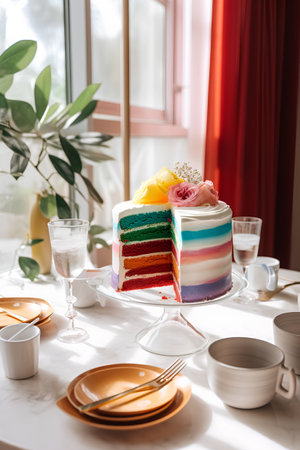 Beautiful multicolored cake on a white table in a cafeの素材