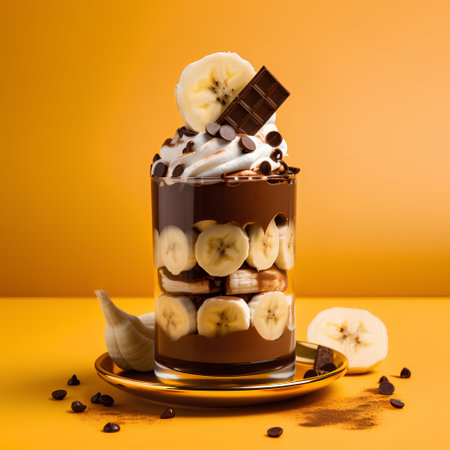 Chocolate pudding with banana slices and chocolate sprinkles on yellow backgroundの素材