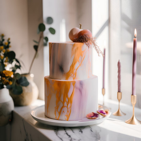 Wedding cake decorated with orange and lavender on a white marble tableの素材