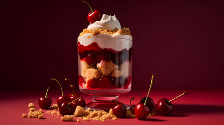 Cherry dessert in a glass with whipped cream and crumbs on a red backgroundの素材