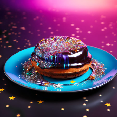 Chocolate cake with glaze on a blue plate on a purple backgroundの素材