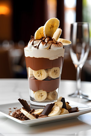 Chocolate dessert with banana and whipped cream in a glass on the tableの素材